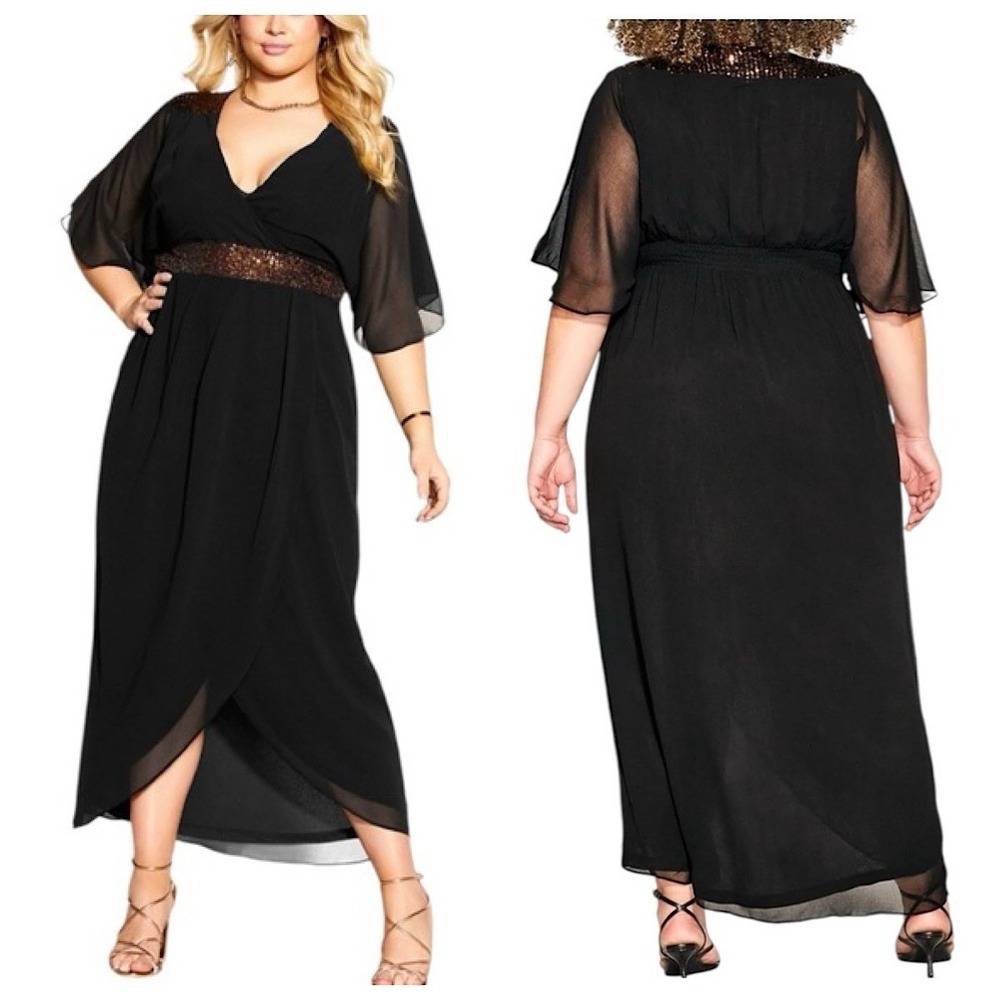 City Chic Sequin Demi Maxi Dress Sz XXS/12 Black Wrap V-Neck Flutter Sleeve